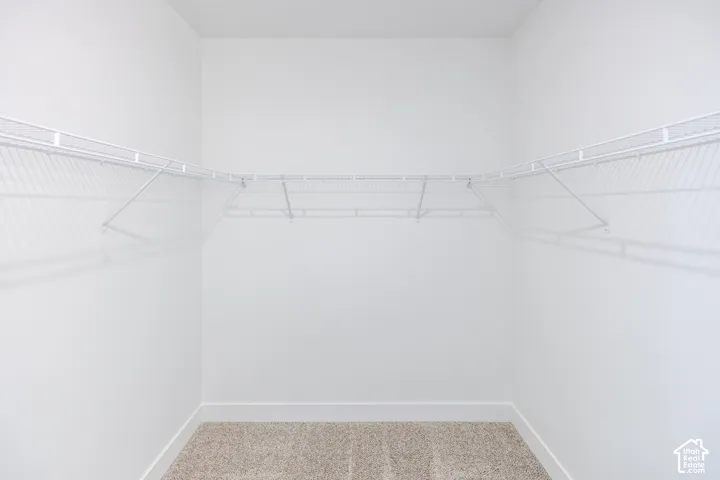 Walk-in closet with carpet flooring and wraparound wire shelving