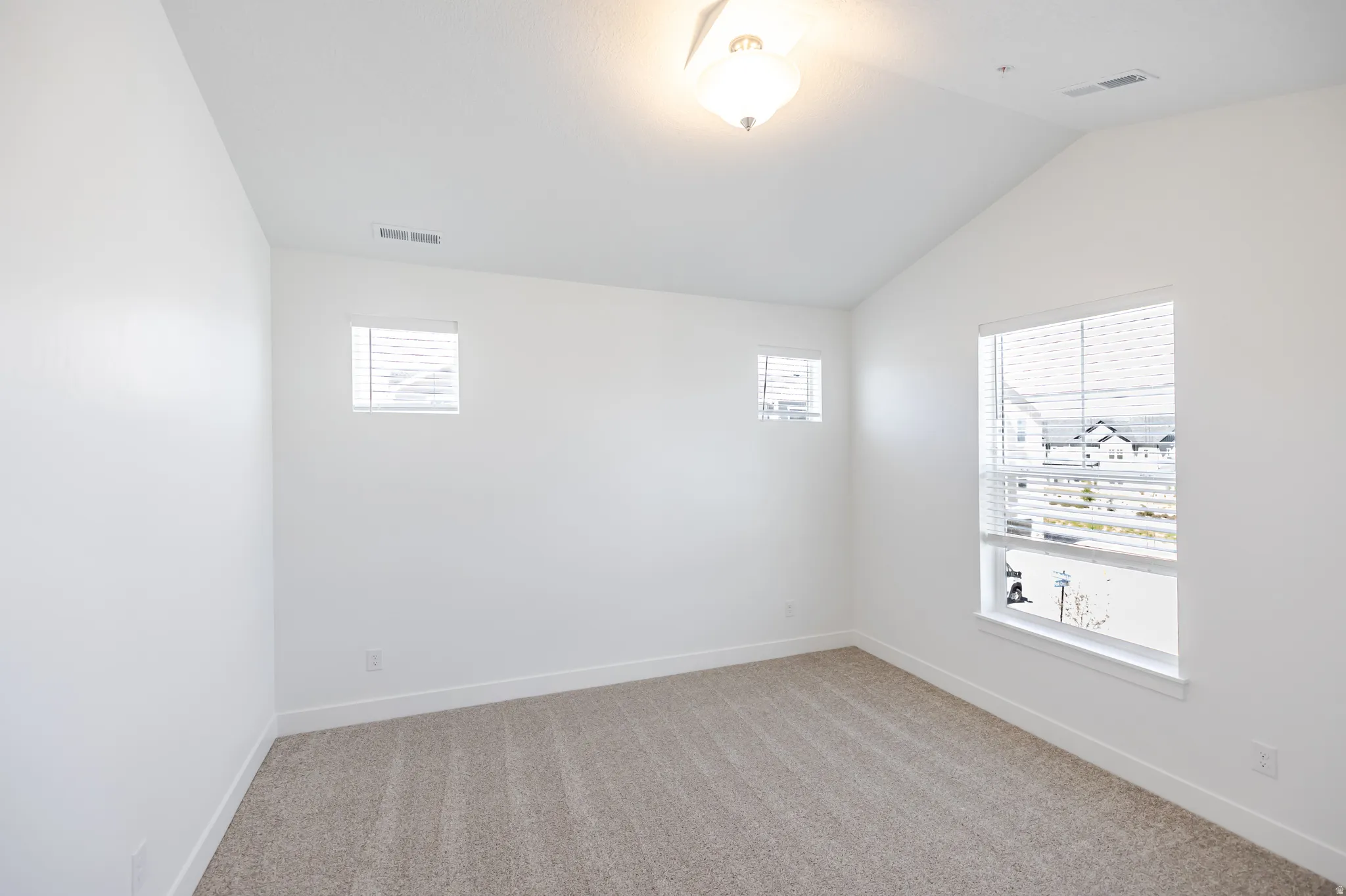 Vaulted ceiling, two distinct windows, neutral carpet, ceiling-mounted light fixture, white interior walls