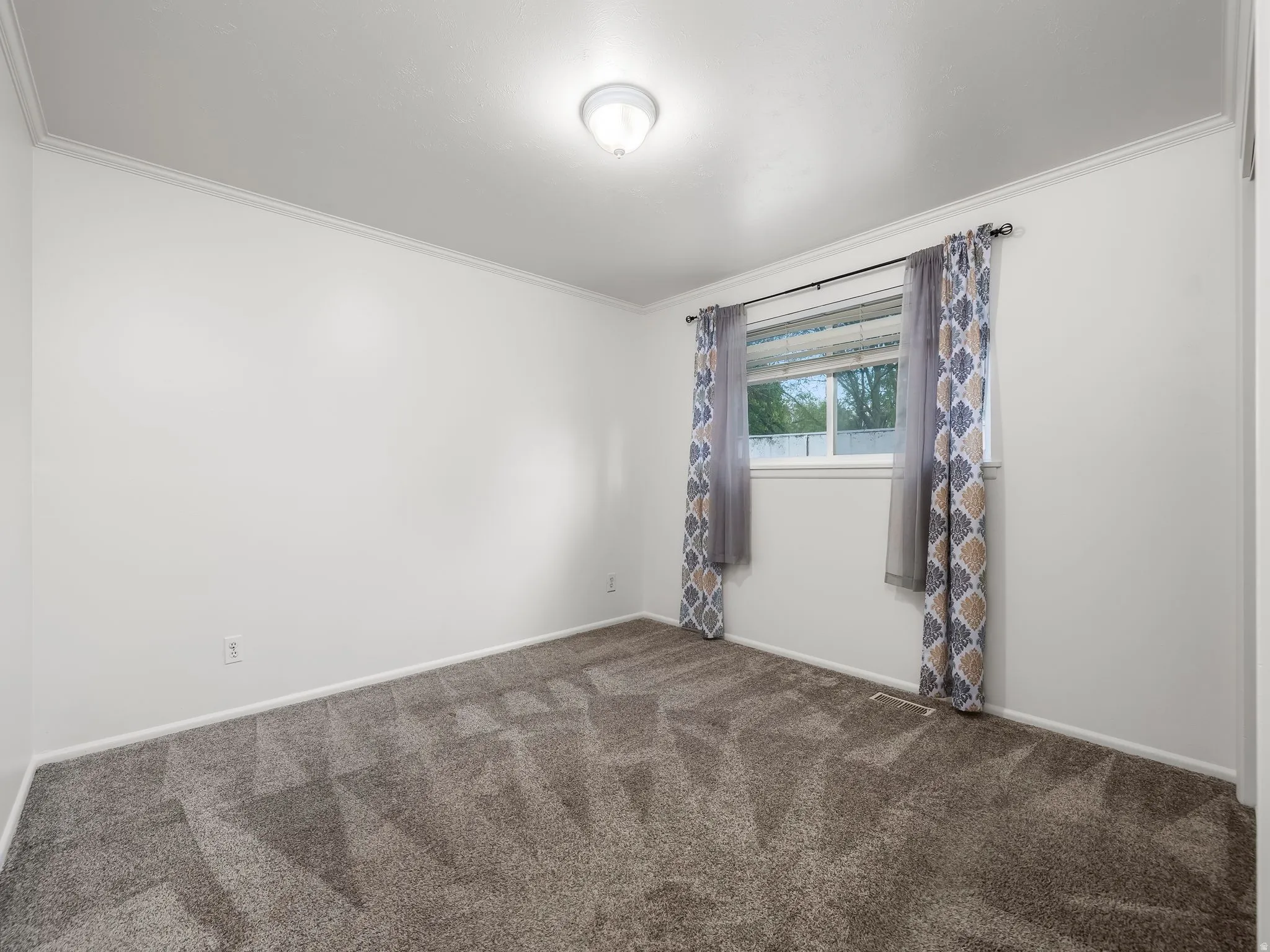 Empty room with ornamental molding and dark colored carpet