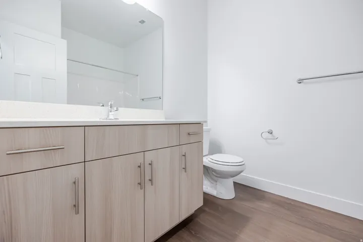 Spacious vanity with light wood-finish cabinetry, a large integrated mirror, and a white countertop