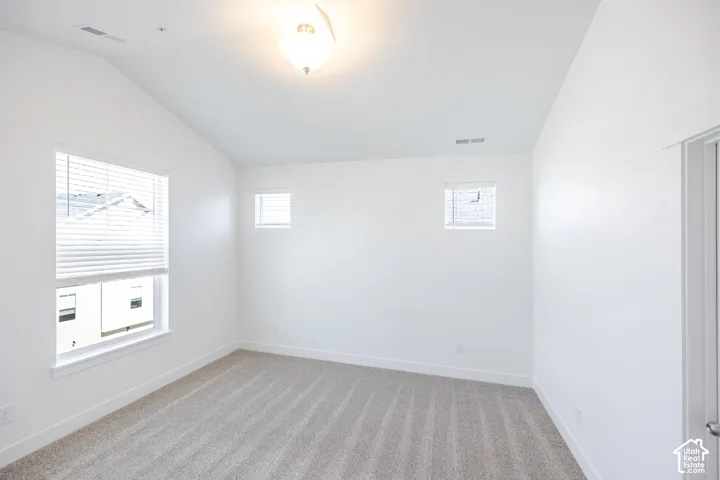 Vaulted ceiling with an overhead light fixture, multiple windows with blinds, and neutral carpeting