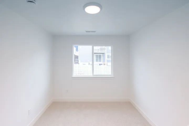 Window with white frame, neutral carpeting, white interior walls, white trim, and a ceiling-mounted light fixture