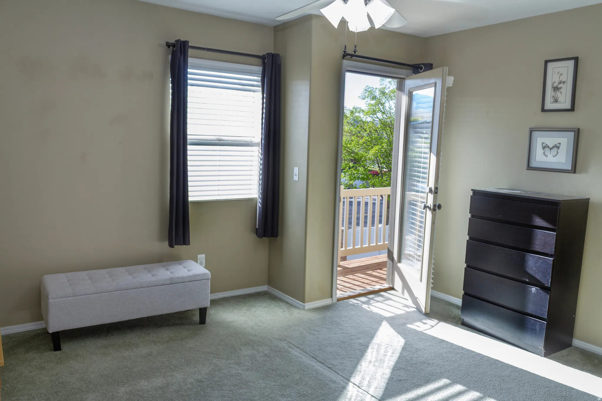 Entryway with a ceiling fan, carpet, and plenty of natural light