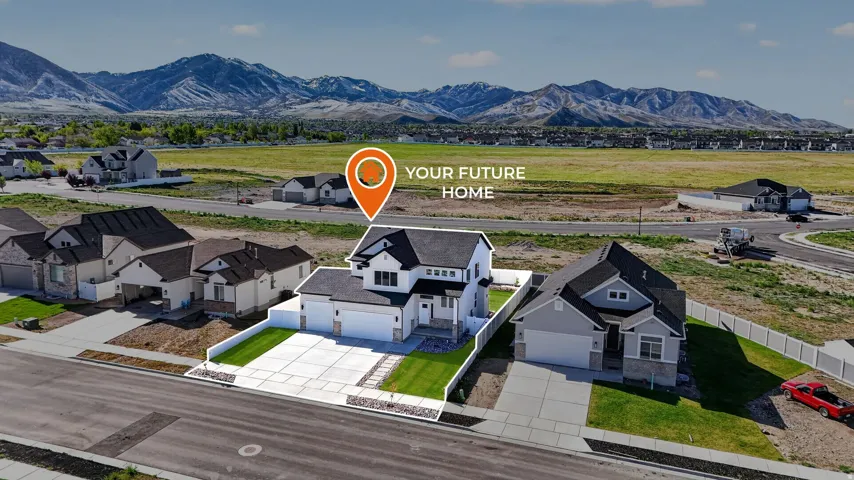 Aerial view of residential area with a mountain backdrop