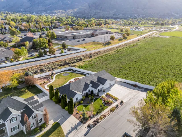 Aerial view of residential area with mountains