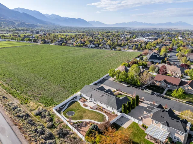 Aerial view of residential area with a mountain backdrop