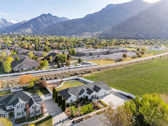 Aerial perspective of suburban area featuring mountains