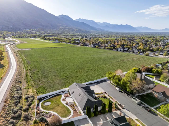 Aerial perspective of suburban area with mountains