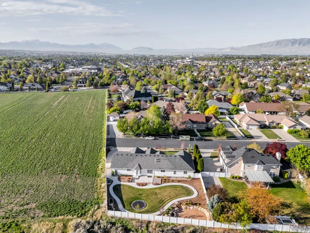 Aerial view of residential area with mountains
