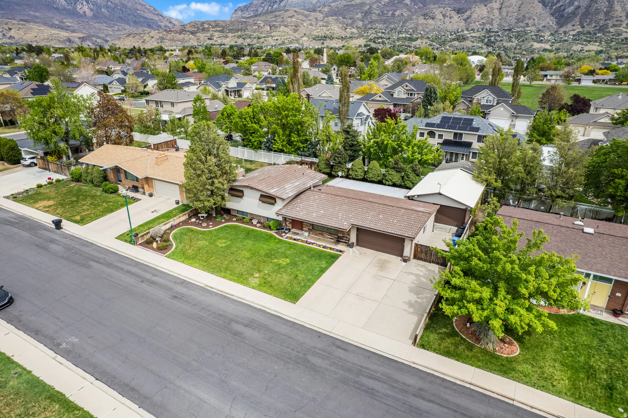 Aerial view of the house and detached garage.
