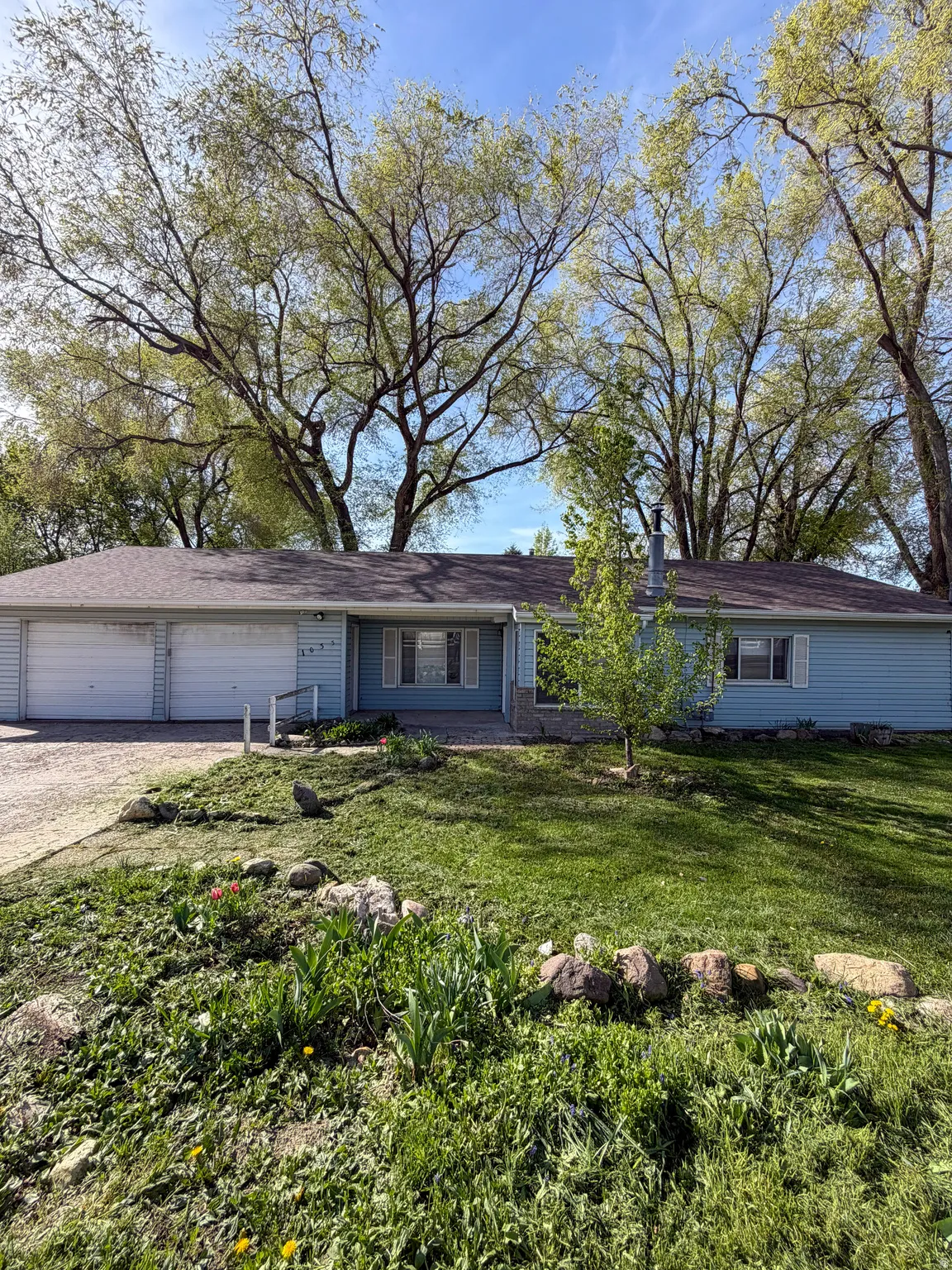 Single story home with driveway, a garage, and a front lawn