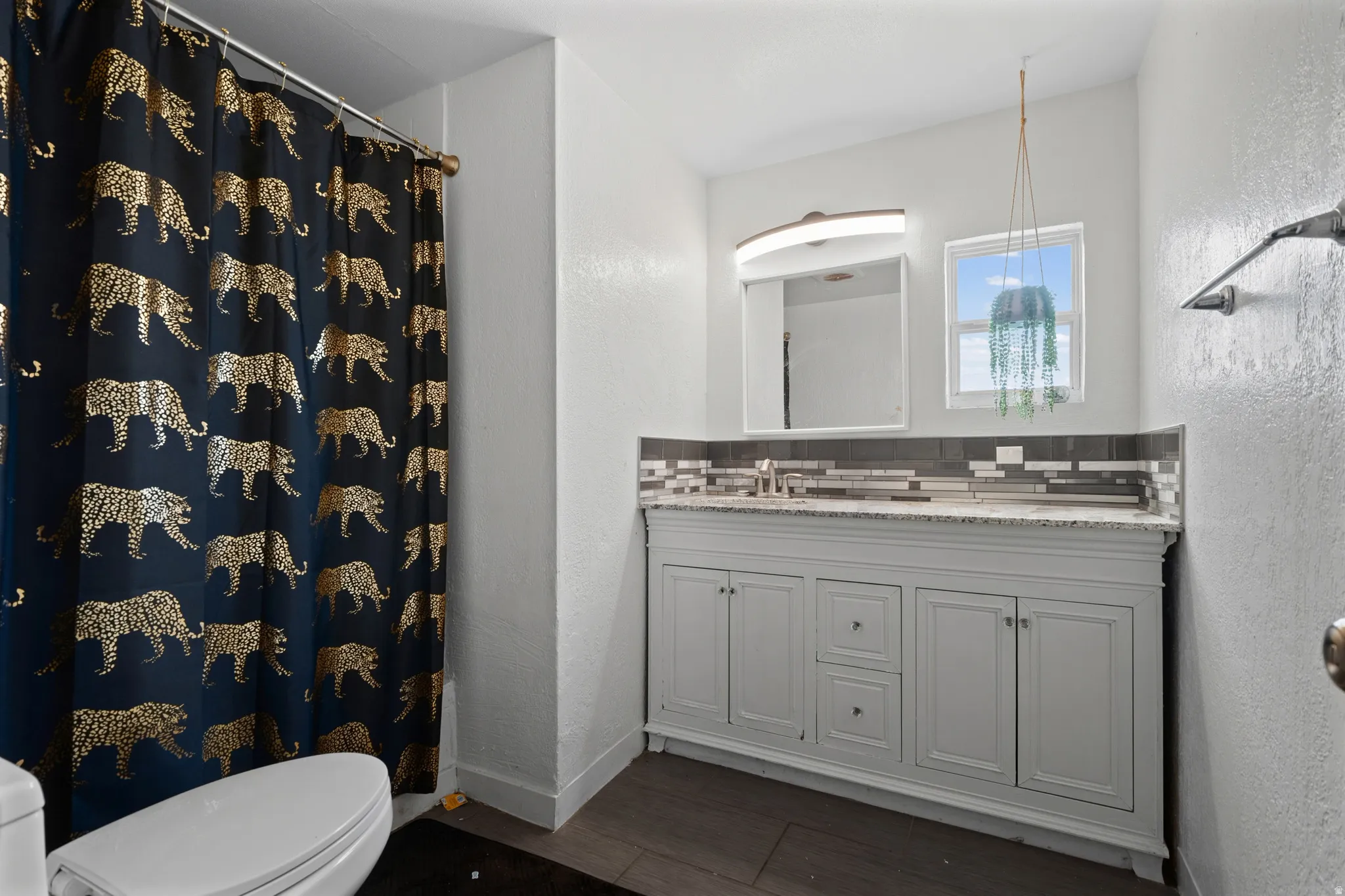 Bathroom featuring tasteful backsplash, a textured wall, vanity, a shower with shower curtain, and dark wood-type flooring