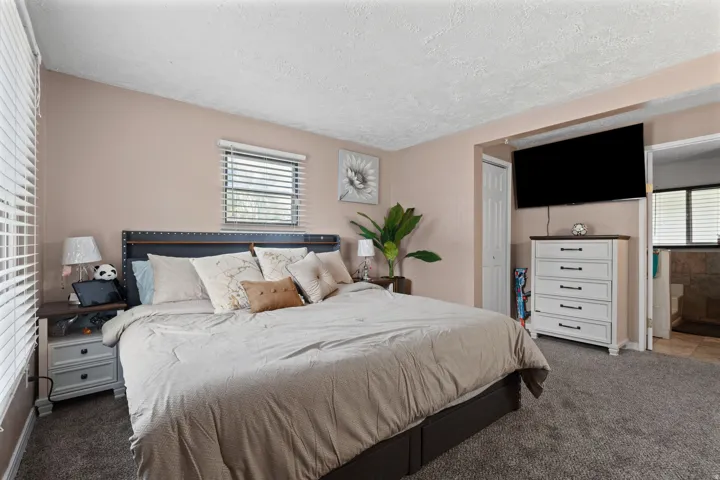 Bedroom with carpet flooring, a textured ceiling, ensuite bathroom, and a closet
