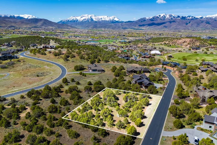 Aerial perspective of suburban area with mountains and property boundaries highlighted