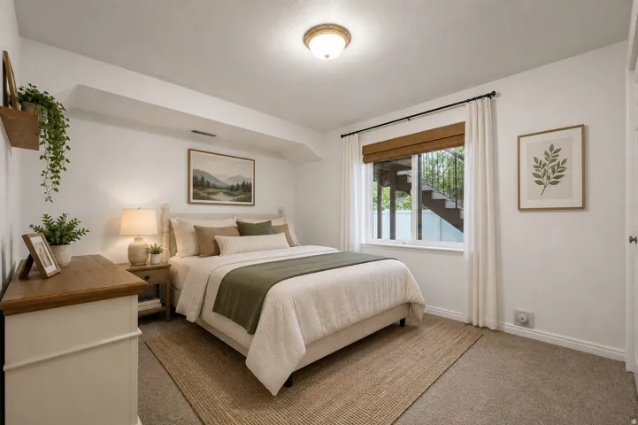Carpeted bedroom featuring a large window with a wood-finish blind, white trim, and a semi-flush mount ceiling light