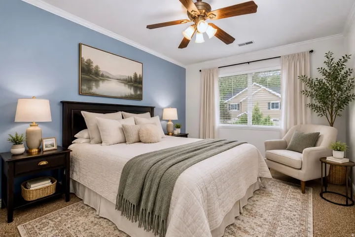 Bedroom featuring blue accent wall, white crown molding, a ceiling fan with light fixture, window with blinds and drapes, and a patterned area rug