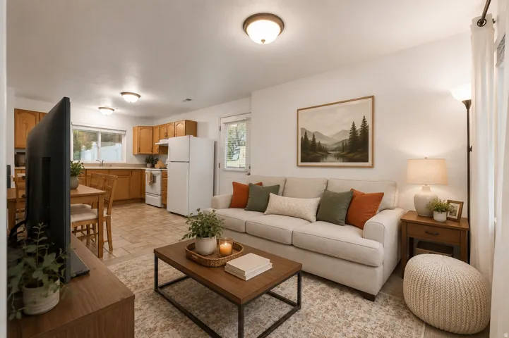 Open concept living area featuring a kitchen with wood cabinetry and white appliances, and a living room with light-toned flooring