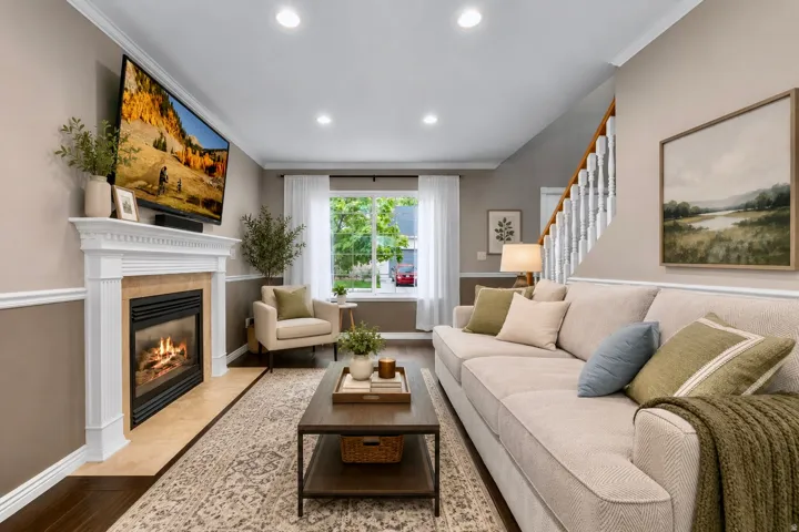 Living area featuring a fireplace with a white mantel, dark wood-finish flooring, and recessed ceiling lighting