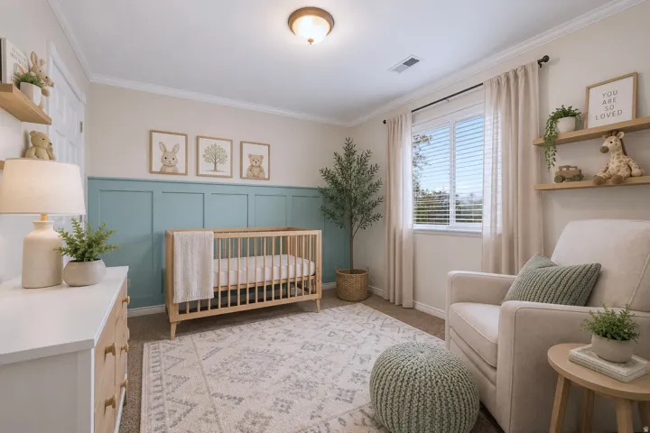 Board and batten accent wall in a soft blue hue, crown molding, and carpeted flooring