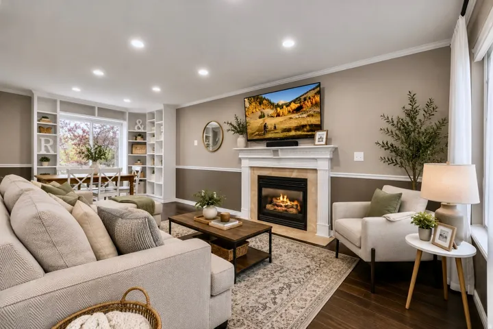Dark wood-finish flooring complements the fireplace with a stone surround and a white mantel