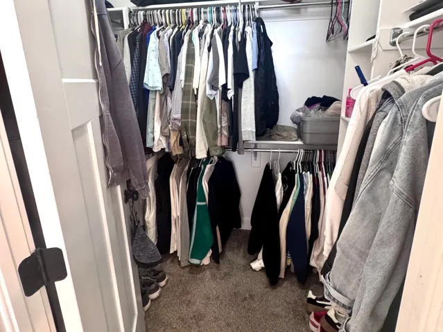 Walk in closet with dark carpet