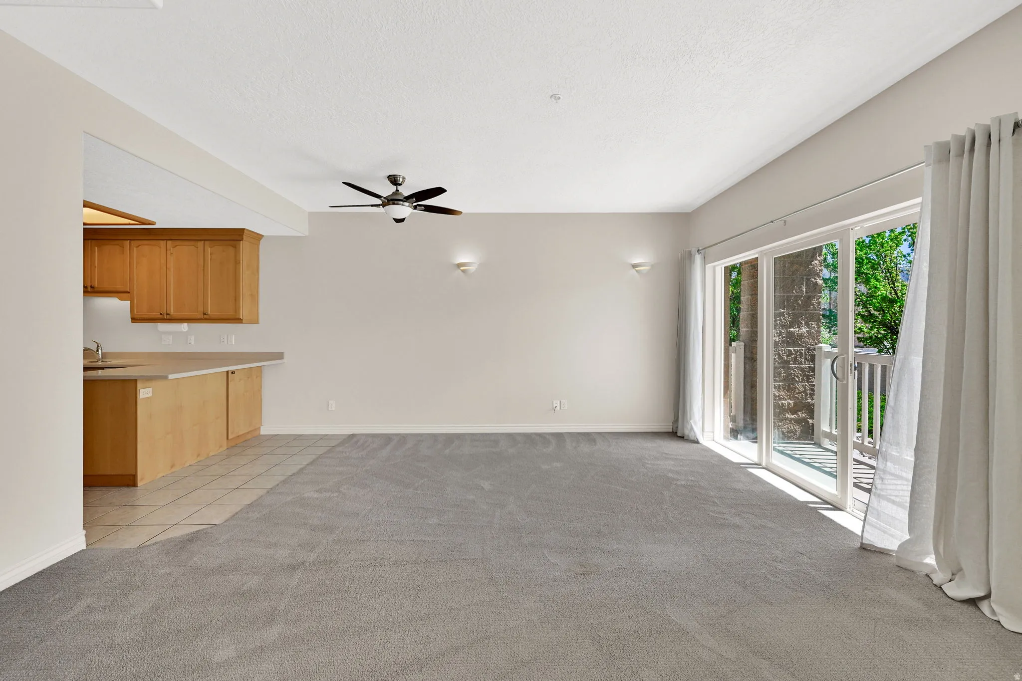 Living room with kitchen and large slider to sunny patio