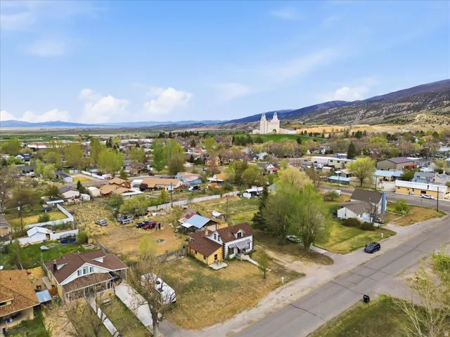 Aerial perspective of suburban area featuring mountains
