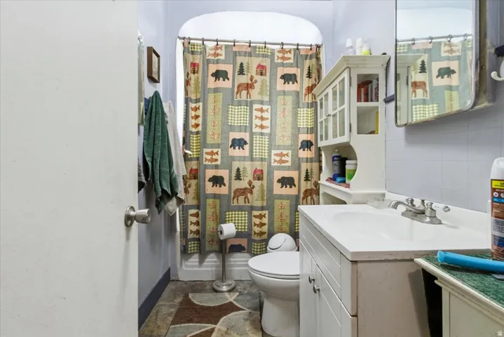 Bathroom with vanity, a shower with curtain, and tile walls