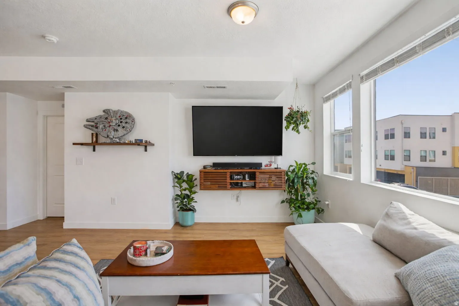 Living area with wood finished floors