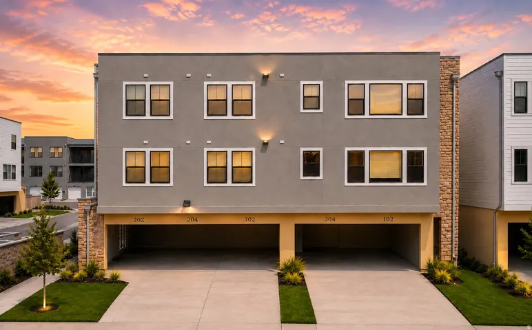 Multi-story exterior with stucco finish and stone accents