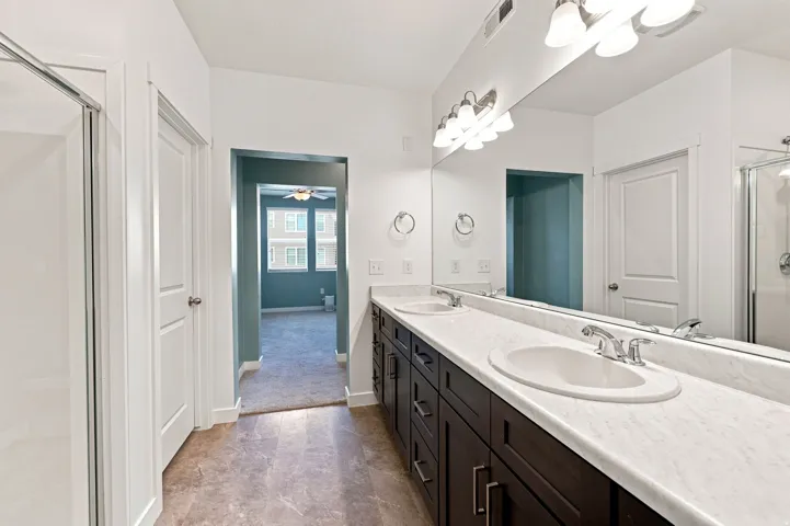 Dual vanity with undermount sinks, expansive countertop, dark wood-finish cabinetry, and a large wall-mounted mirror
