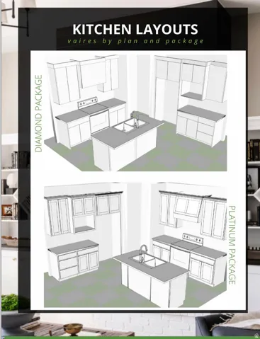 Kitchen Layouts. Illustrating distinct kitchen configurations available through various packages