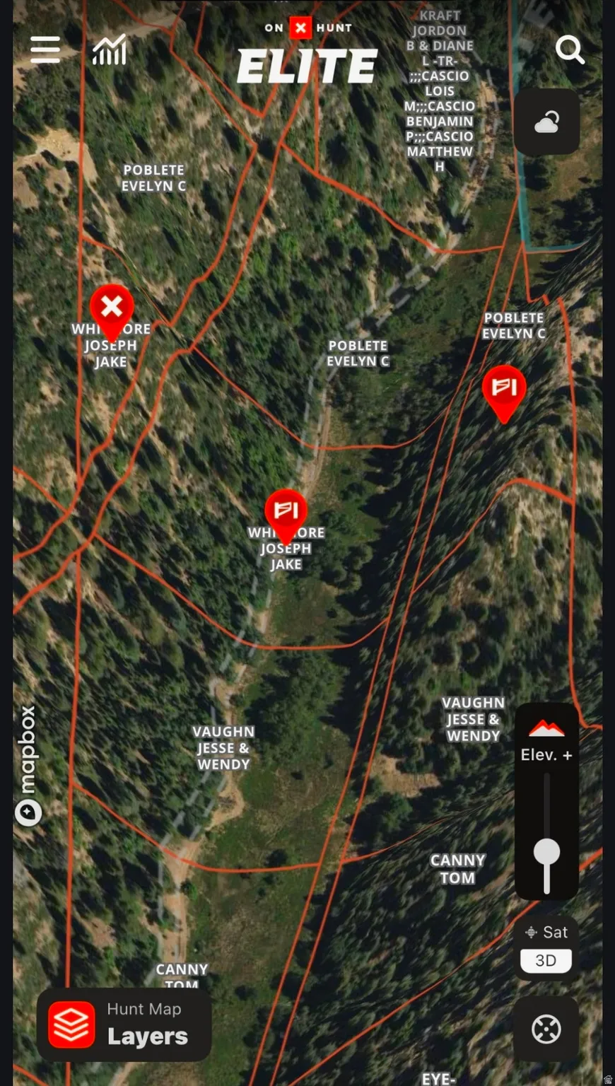 Aerial map of property and surrounding area featuring property boundaries highlighted