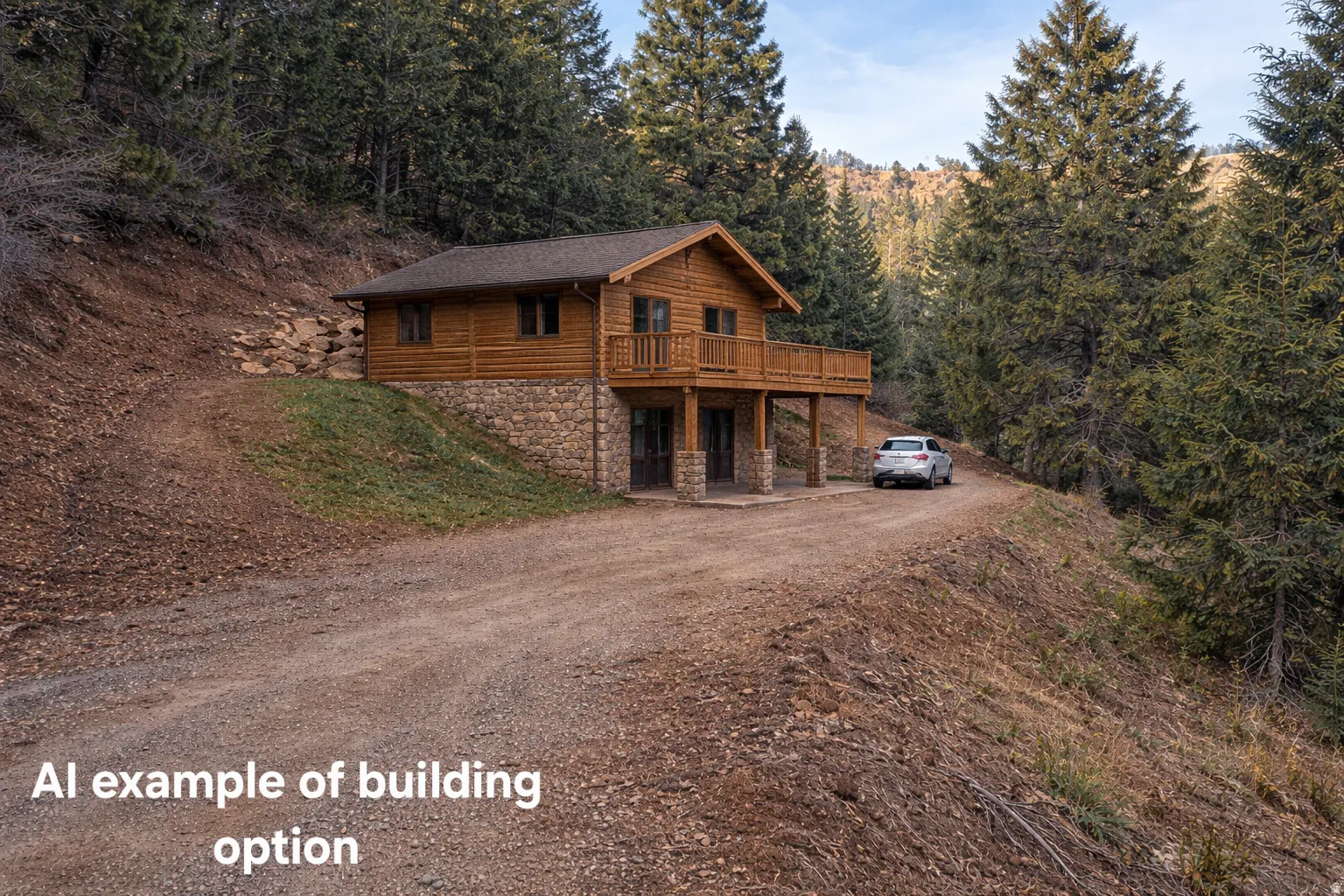 View of front facade featuring stone siding, dirt driveway, a wooded view, and a deck