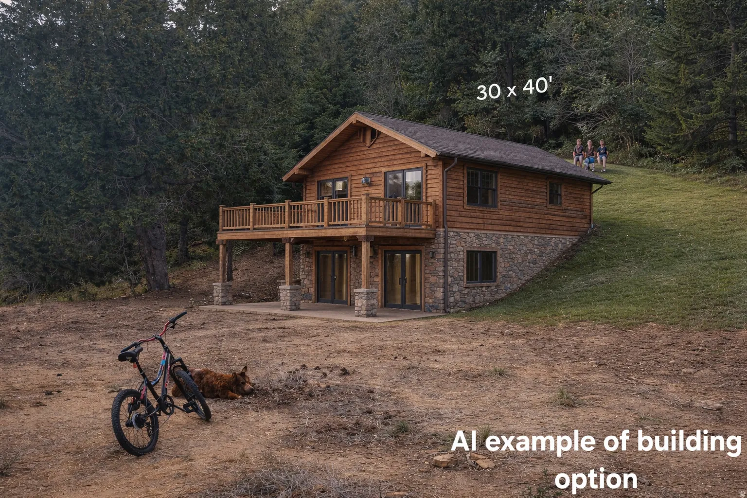 View of front of home featuring stone siding and a forest view