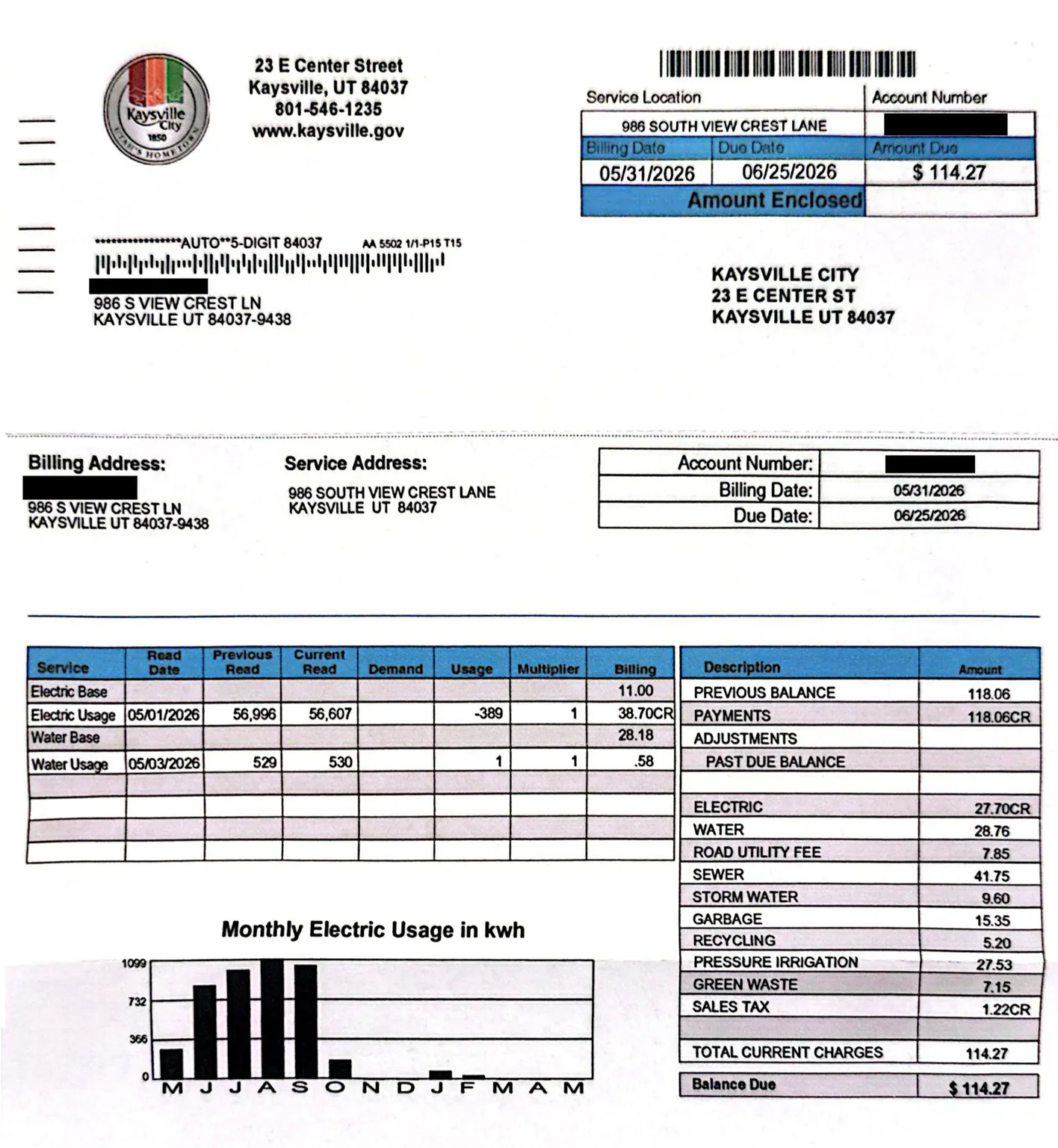 Utility Bill. Presenting service location, billing details, and itemized charges for the property