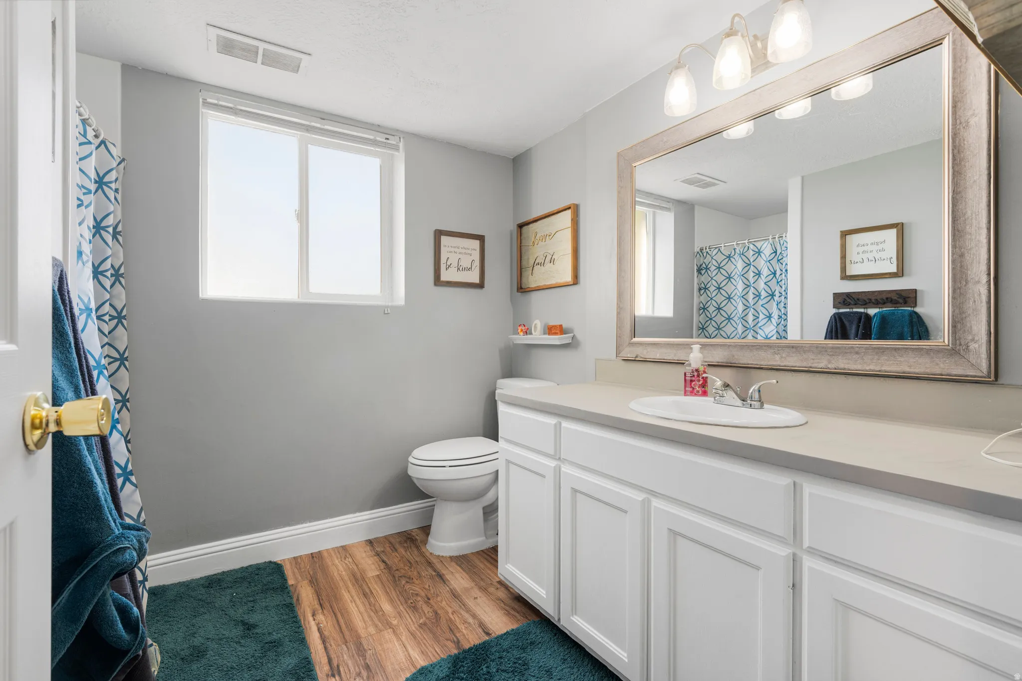 Full bath with vanity, dark wood-style flooring, and a shower with shower curtain