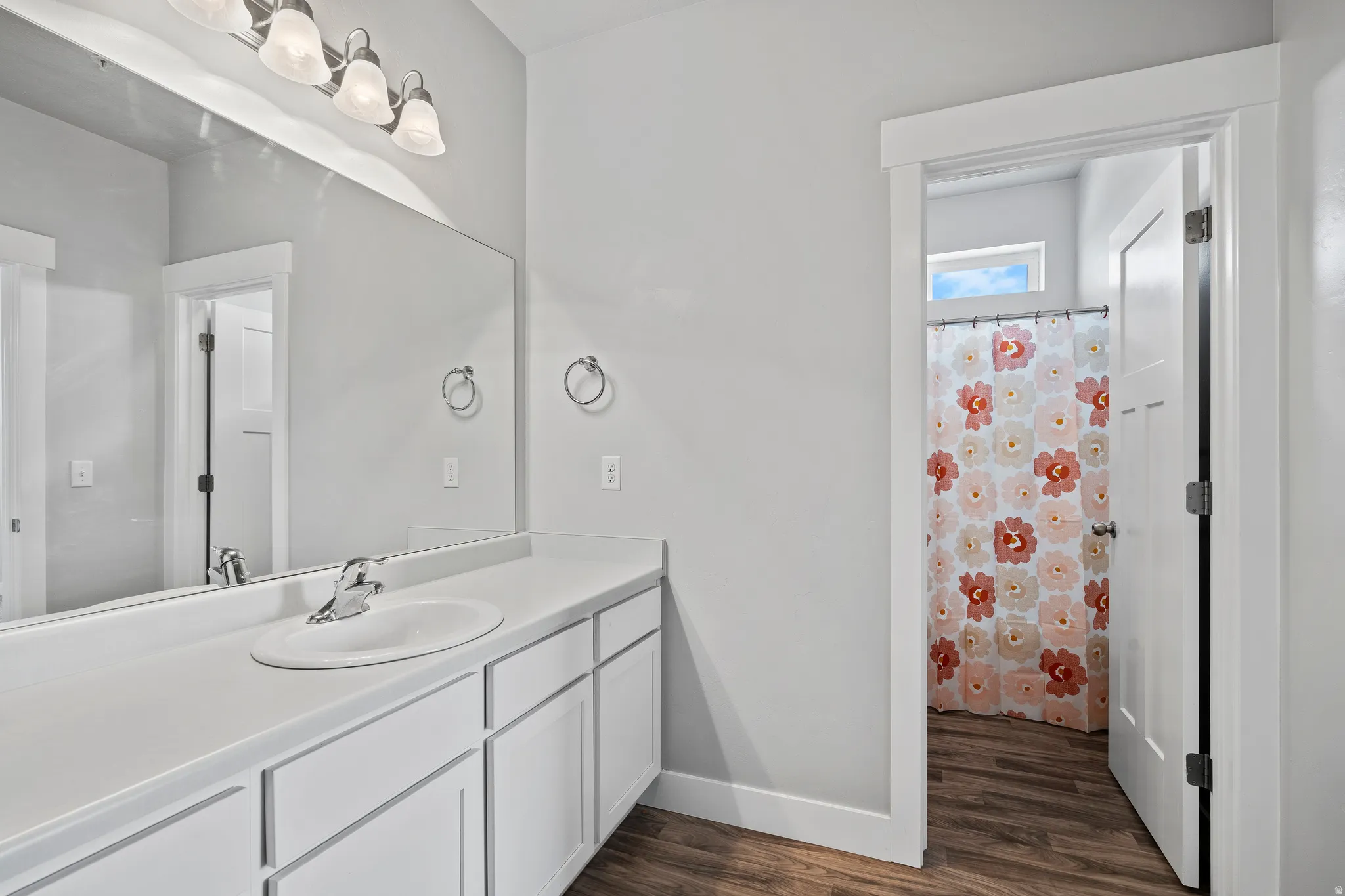 Bathroom featuring curtained shower, vanity, and dark wood-type flooring