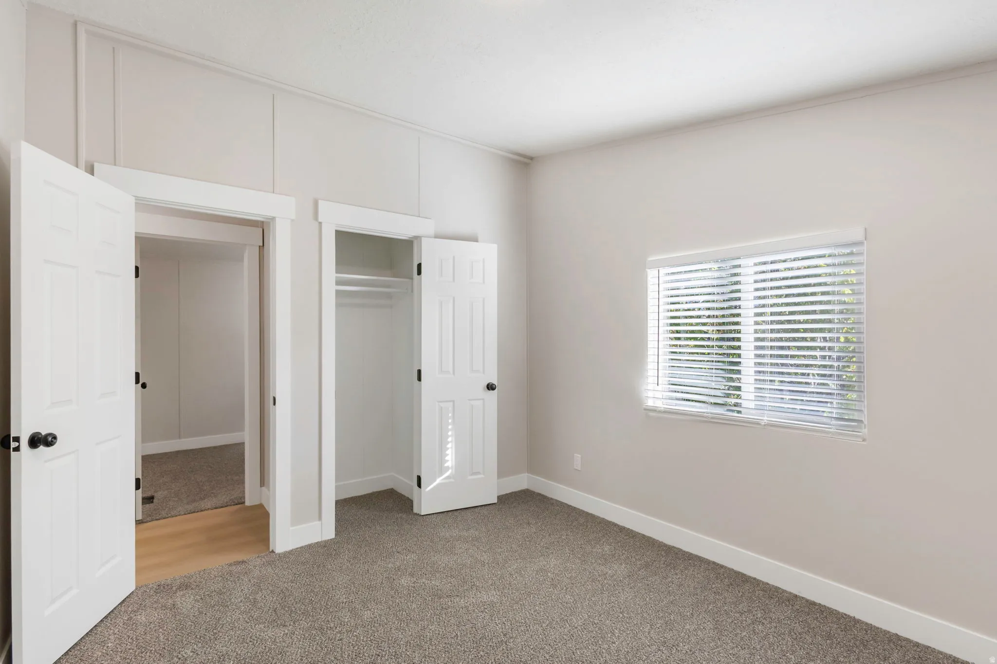 Unfurnished bedroom featuring light carpet and a closet