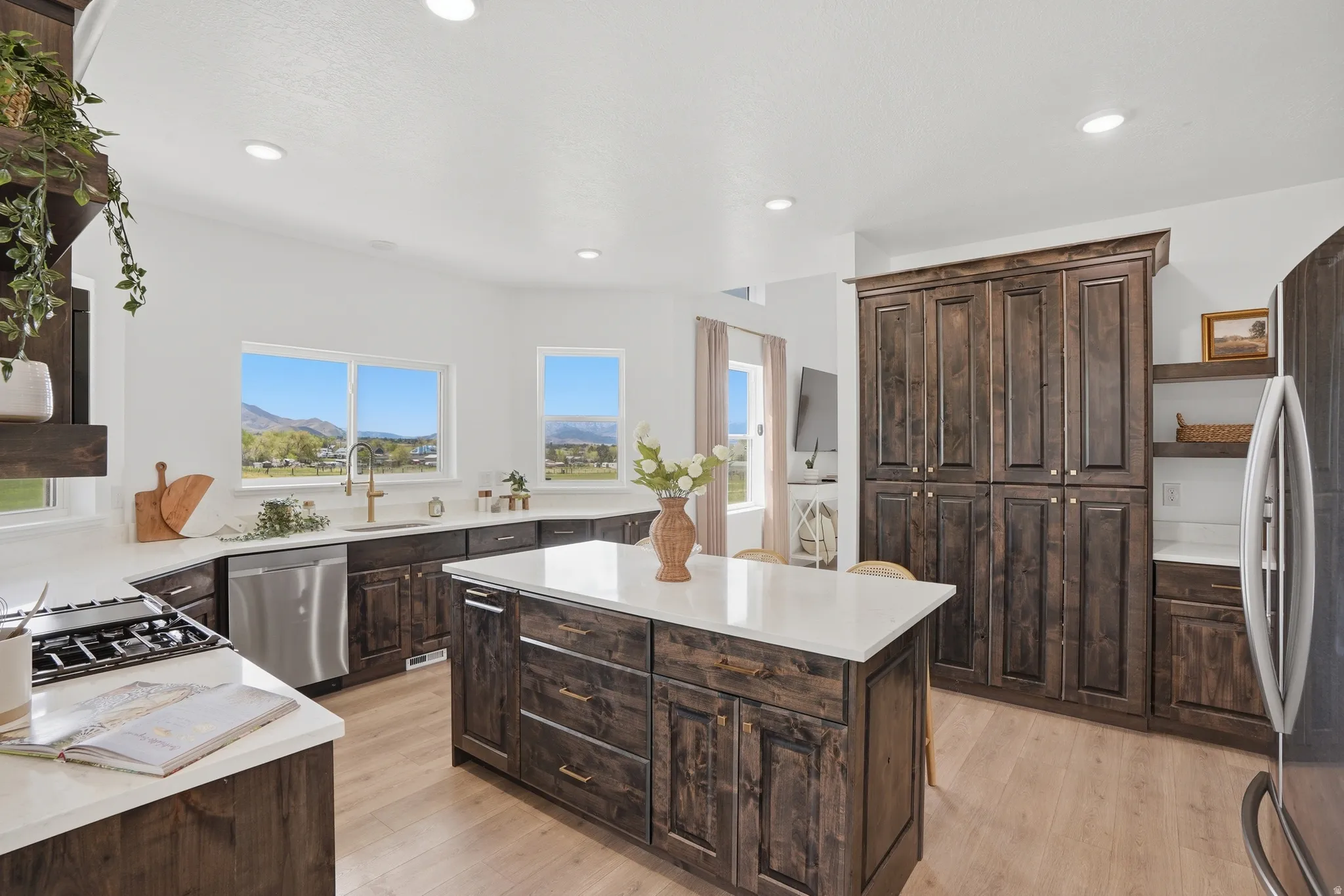 Kitchen with dark wood finish cabinets, stainless steel appliances, light wood-style floors, open shelves, and a kitchen island
