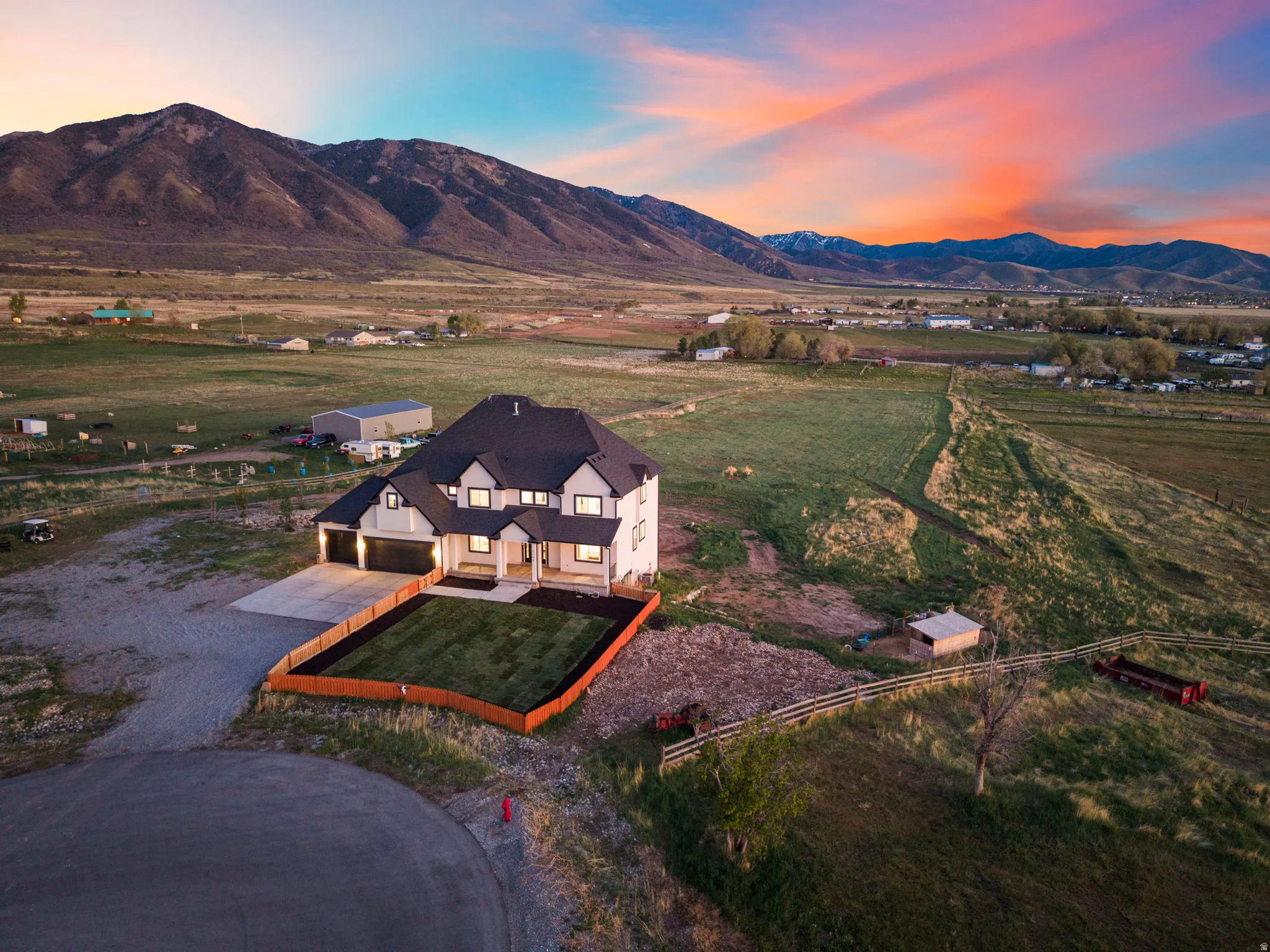 Aerial view at dusk of a rural view and a mountain view