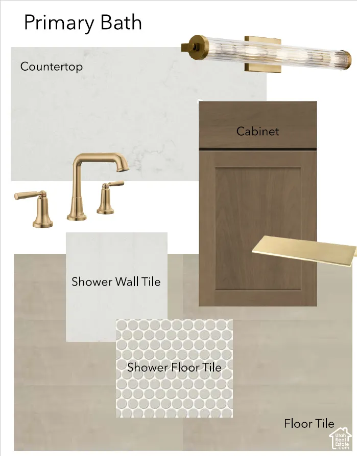 Design Specification Sheet. Cataloging the material and hardware finishes selected for the primary bath of the property