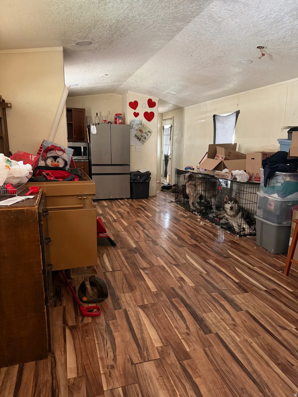 Interior space featuring a textured ceiling and dark wood-style floors