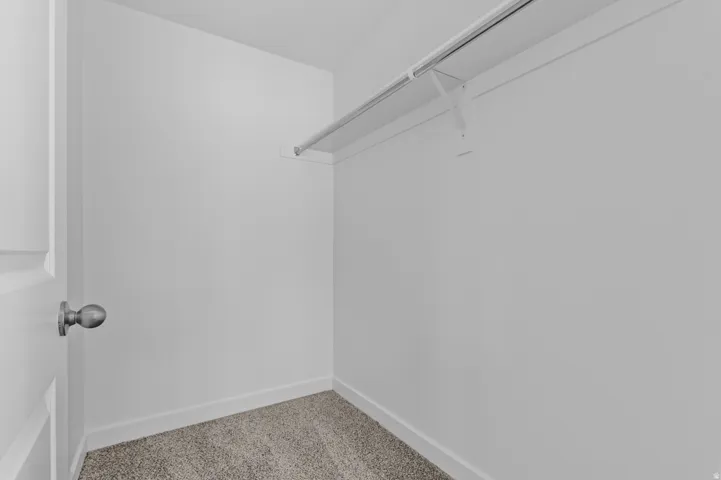 Walk in closet with light colored carpet