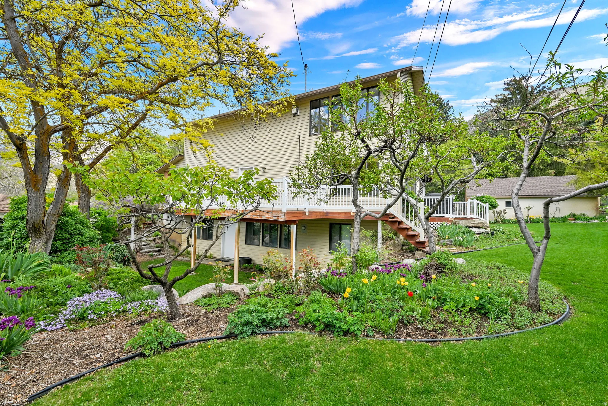 Back of property with a wooden deck and a yard