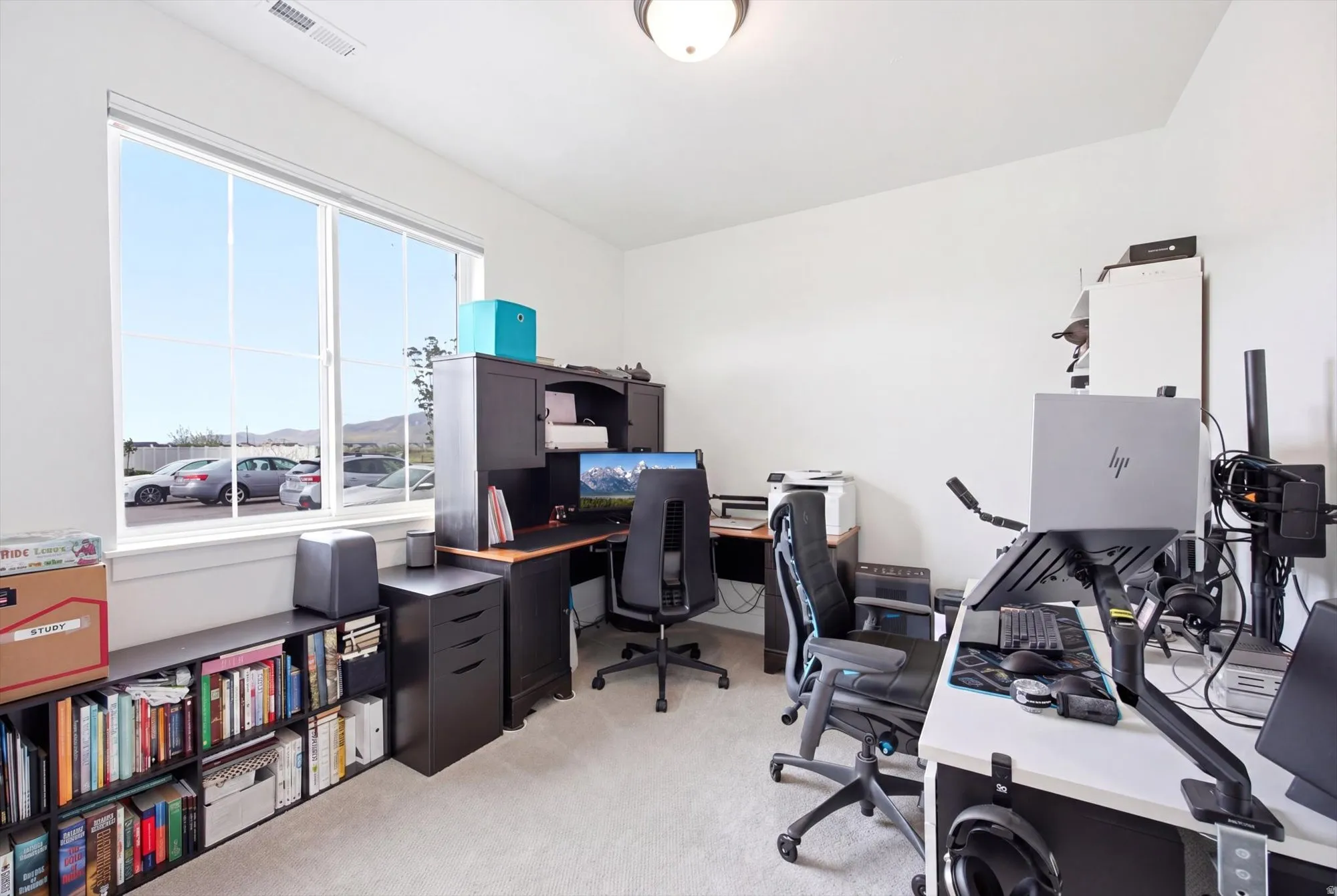Home office with light carpet