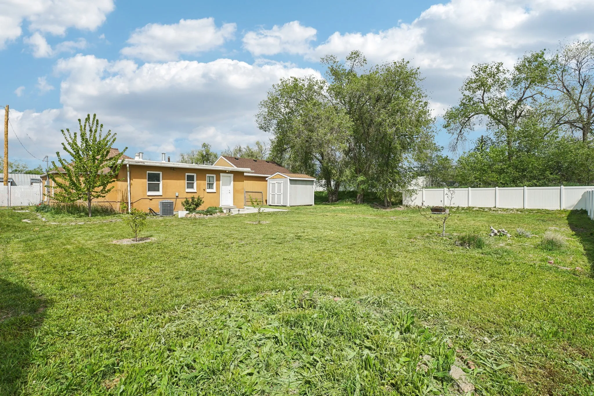 Fenced yard with a storage shed
