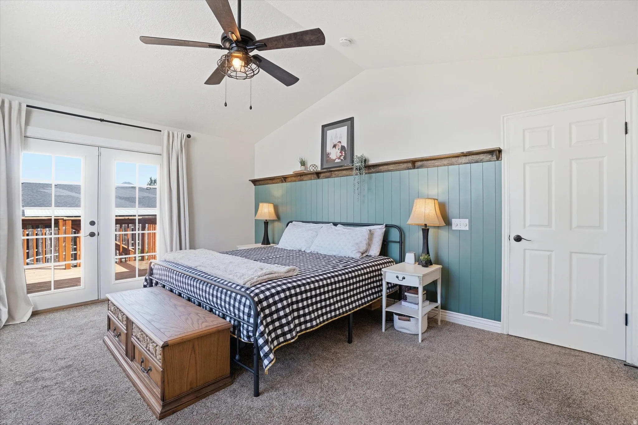 Bedroom featuring access to outside, french doors, carpet, and ceiling fan