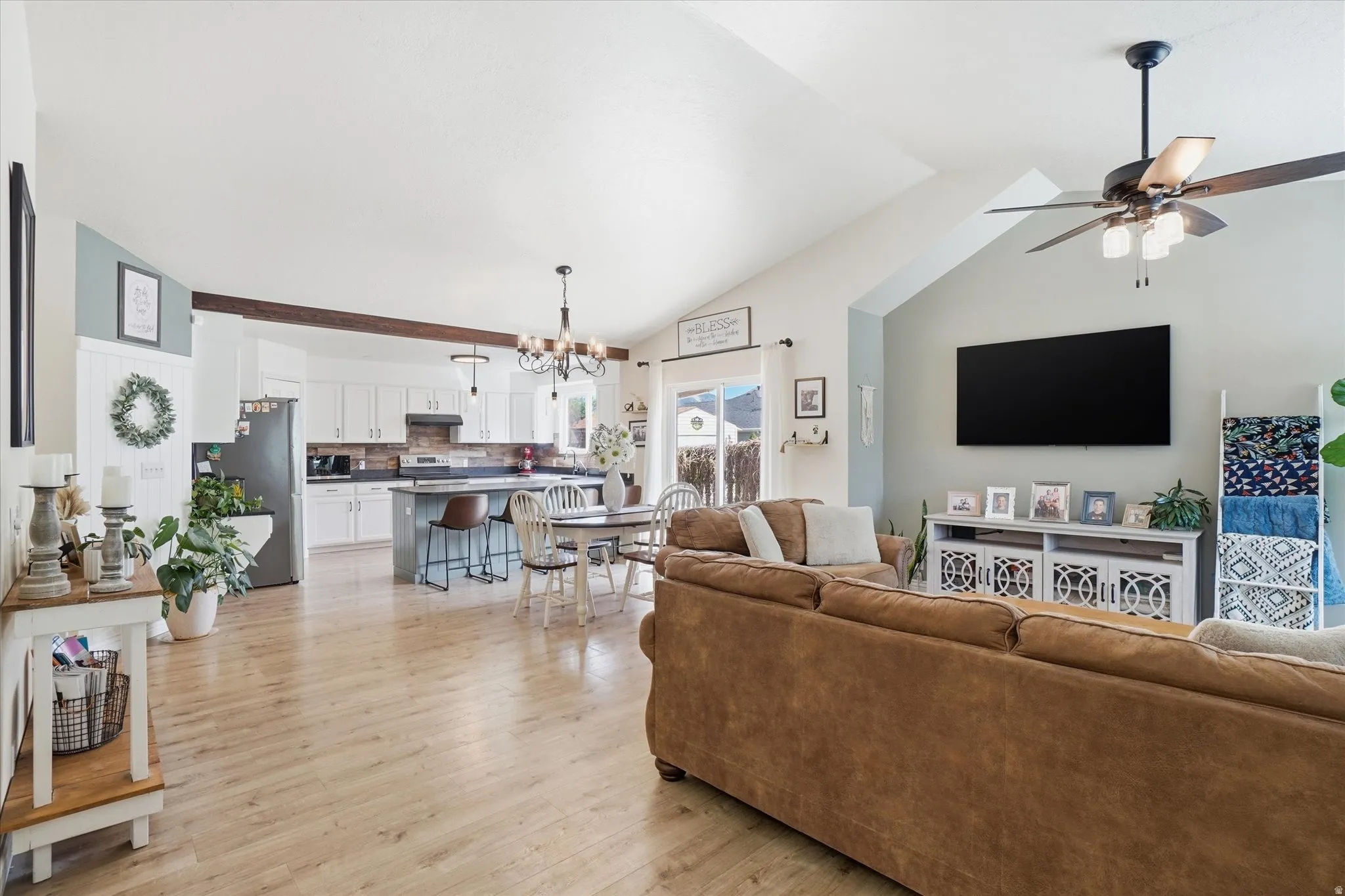 Great room with vaulted ceiling