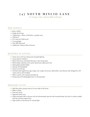 Property Listing Detail Sheet. Providing specific features of the property, including general characteristics, kitchen and living elements, and primary suite attributes